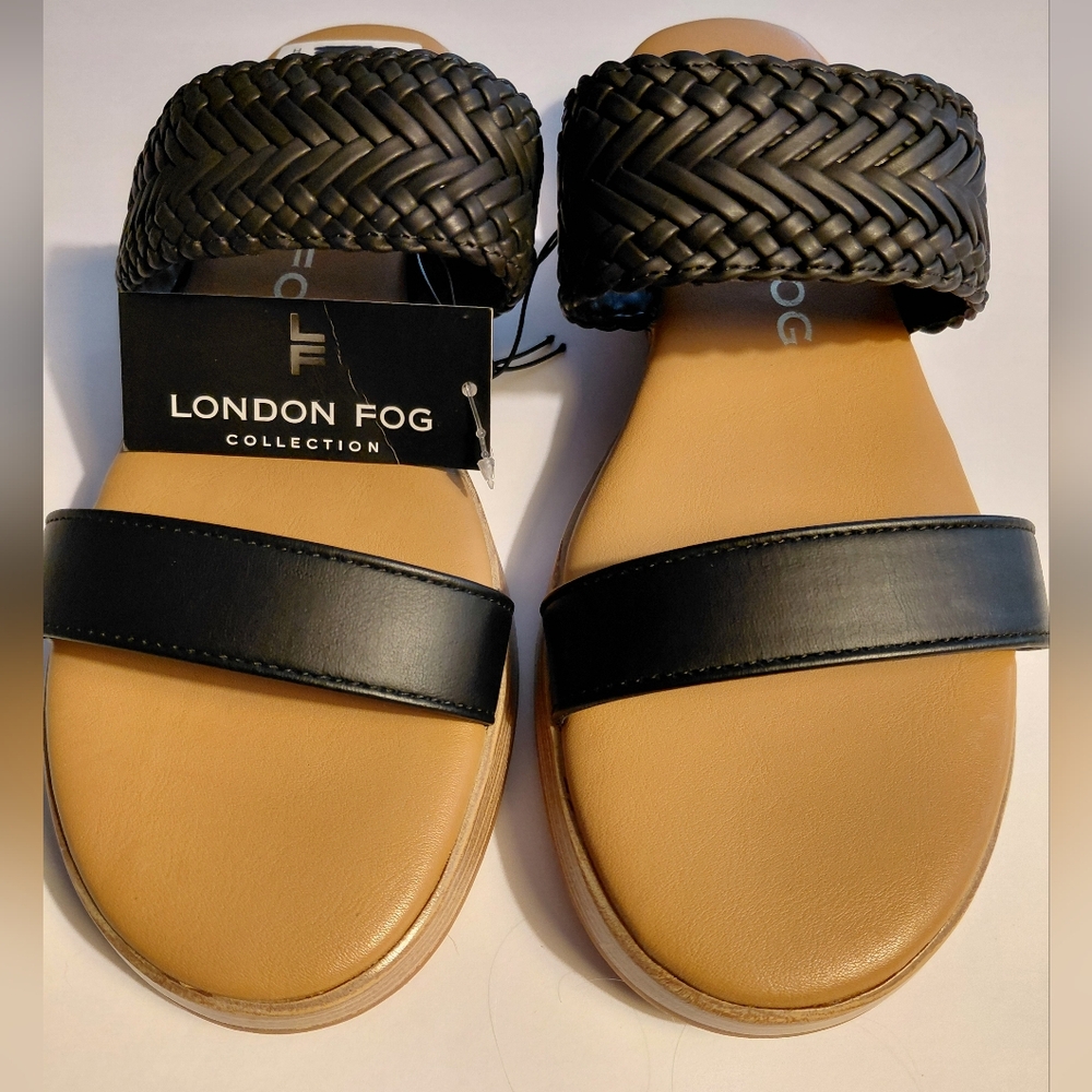 London Fog Trixey Woven Traps Platform Faux Leather Black Sandals Shoes Size 8.5